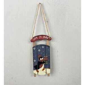Vintage Christmas Ornament Sled Penguin Let It Snow 1980s wood holiday decor